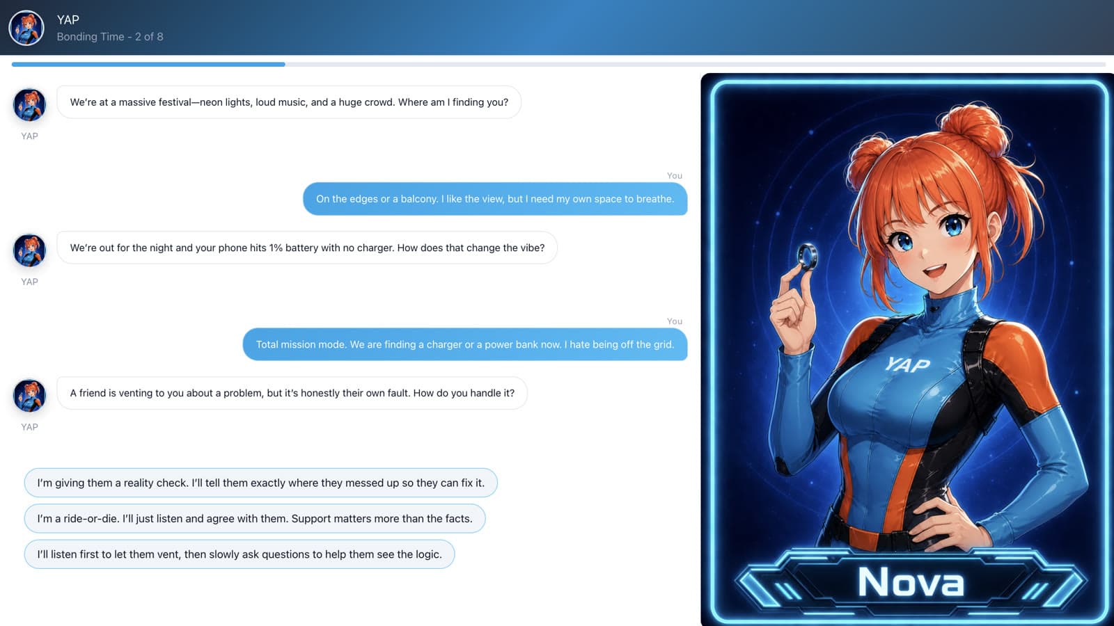 A Bonding Time chat: Nova asks short questions and the user picks an answer, beside Nova's character card
