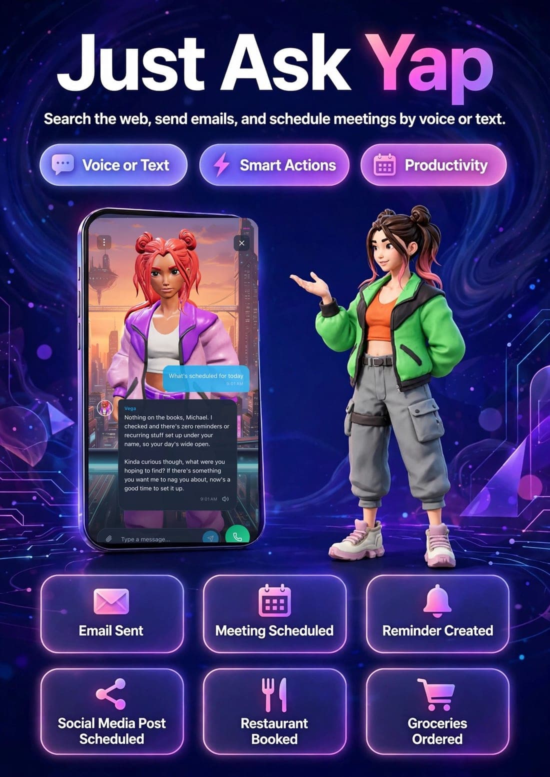 Vega, a Yap, beside a YapWorld chat about the day's schedule, with actions like sending emails, scheduling meetings and creating reminders