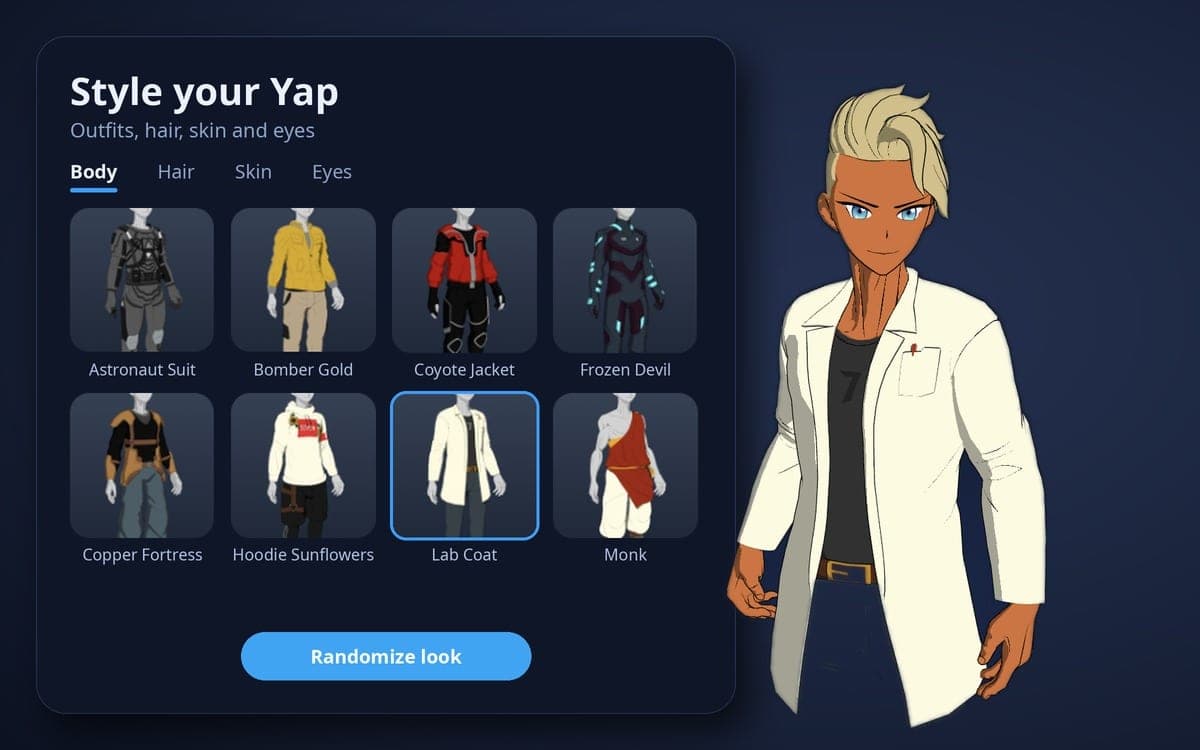 The Style your Yap screen with outfit choices, beside a custom Yap wearing a lab coat