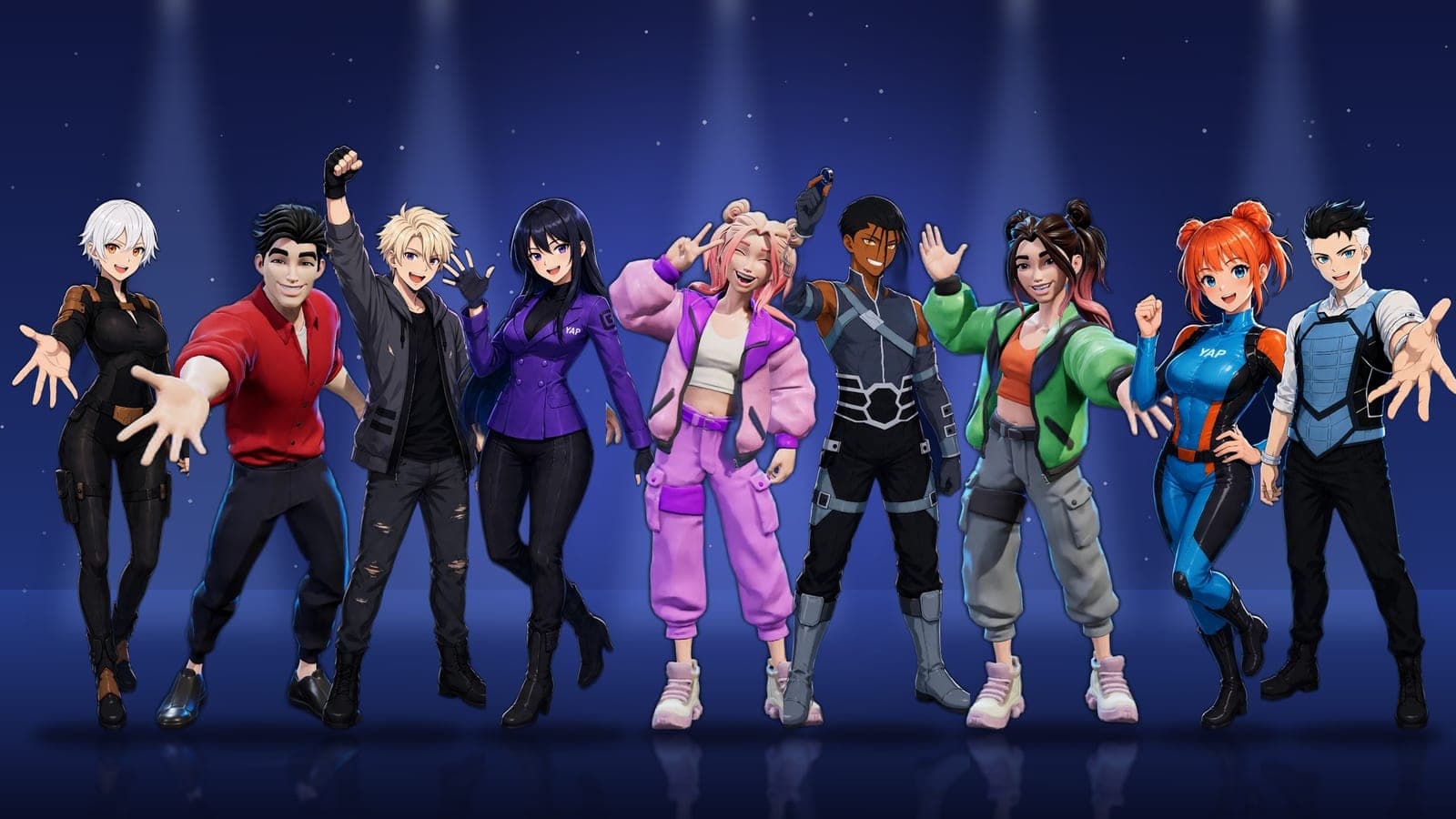 Nine of YapWorld's ready-made Yap characters lined up on a stage, waving and smiling
