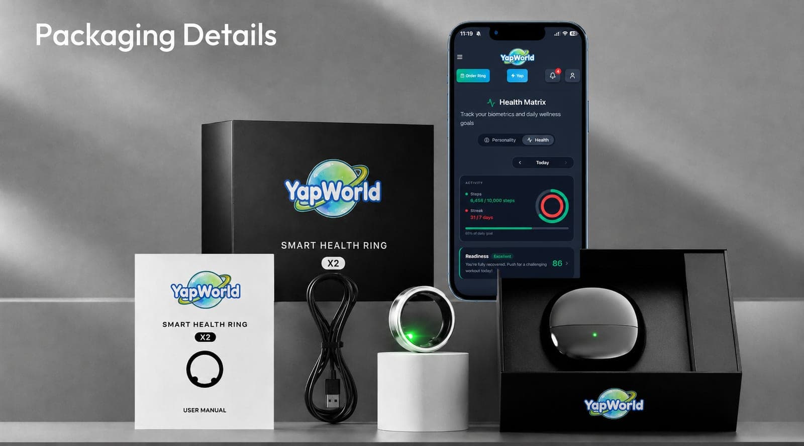 The YapWorld Smart Health Ring X2 with its charging case, cable, box and user manual, beside the app's Health Matrix