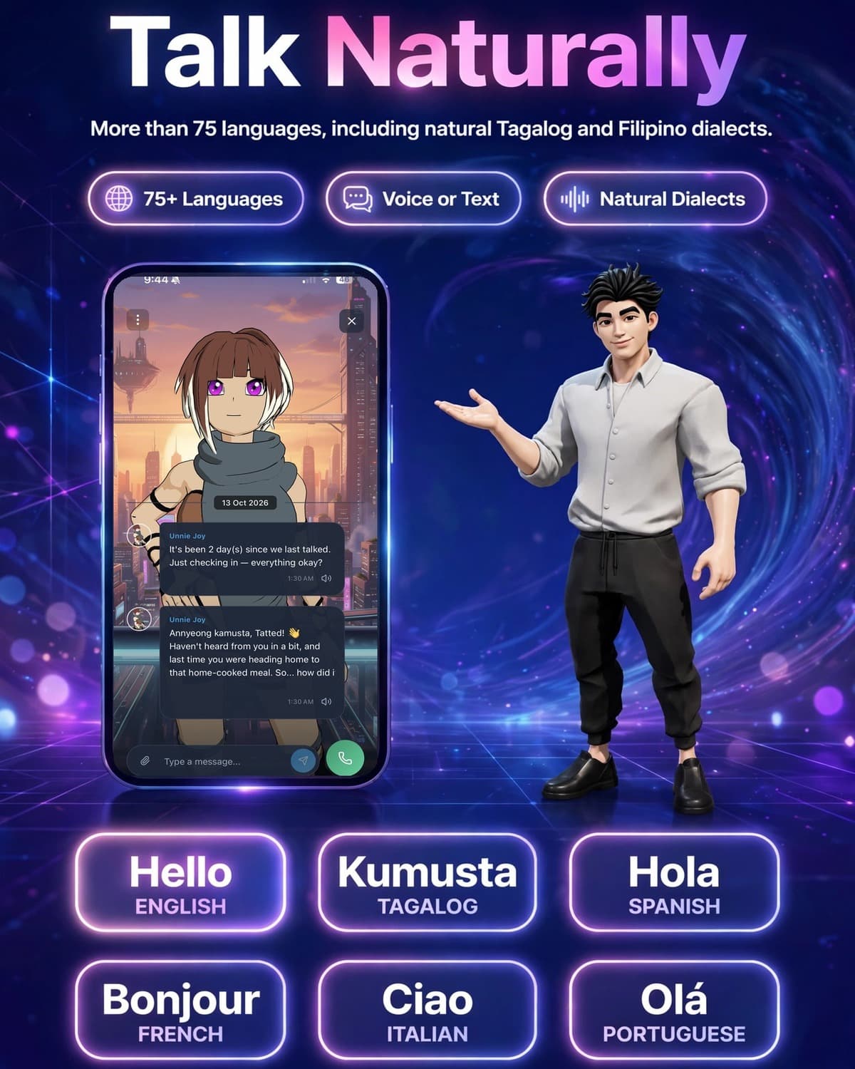 A Yap checking in by chat in YapWorld, with greetings in English, Tagalog, Spanish, French, Italian and Portuguese